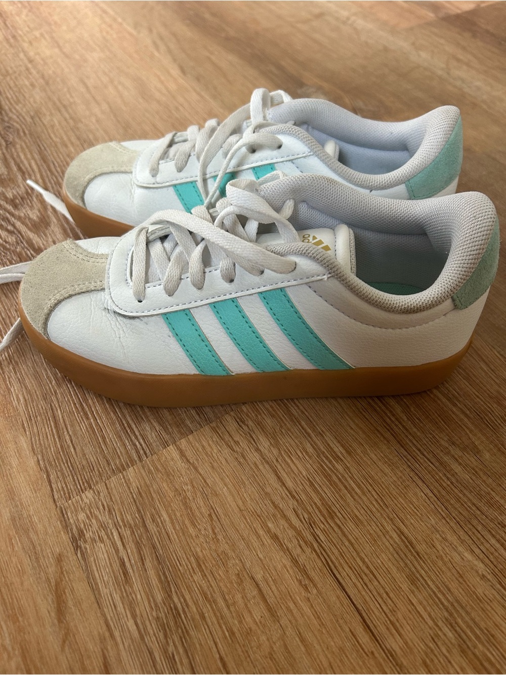 adidas Kids White Sneakers with Mint Teal Stripes